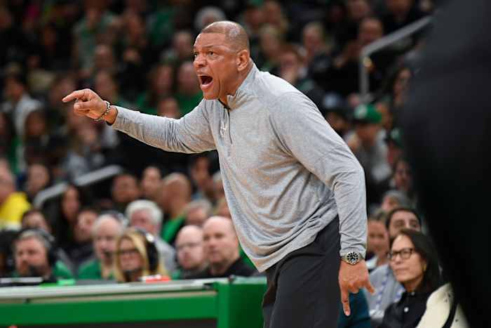 May 1, 2023; Boston, Massachusetts, USA; former Philadelphia 76ers head coach Doc Rivers reacts in the second half during game one of the 2023 NBA playoffs against the Boston Celtics at TD Garden.